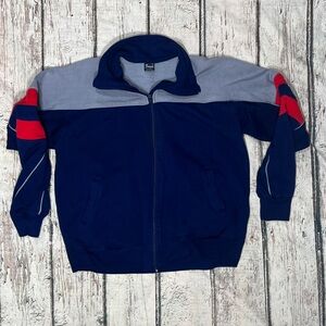 Navy and Gray Zip-Up Jacket with Red Accents Track Running Sports